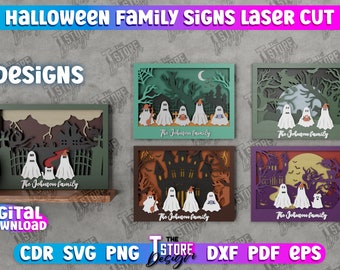 Letreros familiares de Halloween cortados con láser, letreros familiares personalizados de Halloween, decoración de Halloween, paquete de decoración de Halloween de pie cortado con láser, archivos CNC