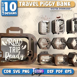 Ensemble de voyage tirelire découpé au laser, valise SVG, tirelire en bois, fonds de vacances, vacances, aventure, fonds de voyage, épargne SVG, tirelire