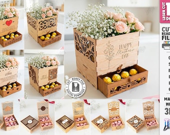 Conjunto de caixas de presente com flores 3D e suporte para chocolates, suporte rústico para flores cortado a laser, presente para o Dia das Mães, caixa de flores, cesta de armazenamento personalizada