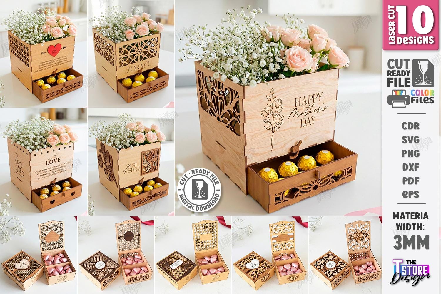 3D Flowers and Chocolate Holder Gift Boxes Bundle, Rustic Flower