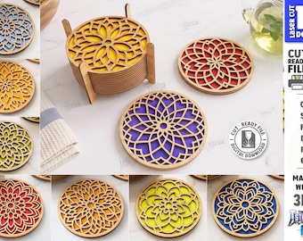 Mandala Coaster SVG - Laser Cut Layered Drink Coasters - Floral Geometric Wooden Coaster Set With Holder svg