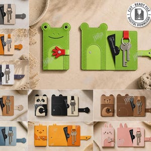 May include: A collection of ten animal-themed leather key holder designs featuring a frog, bear, panda, cat, and elephant. Each holder includes a secure strap, a metal key ring, and a slot for cards. The digital file set includes CDR, SVG, PNG, DXF, PDF, and EPS formats for laser cutting.