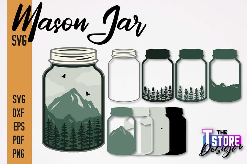 May include: A set of six mason jar SVG cut files featuring a mountain and forest scene. The jars are in various colors, including green, white, and black.