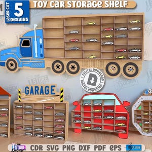 May include: Wooden toy car storage shelves in five designs, including a truck, a red car, and garage-themed displays. Each shelf is filled with miniature toy cars in various colors. The text "TOY CAR STORAGE SHELF" is visible.