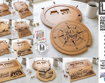 Wooden cribbage board game laser cut bundle, cribbage board with storage, educational toy, camping game svg, travel quotes, table top game