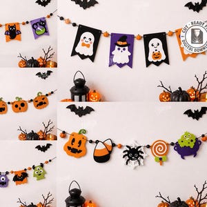 Puede incluir: Una colección digital de cinco diseños de guirnaldas de Halloween con formas cortadas a láser que incluyen fantasmas, calabazas, gatos negros, murciélagos, arañas, dulces y calderos, con texto que indica formatos como SVG, PNG y PDF.