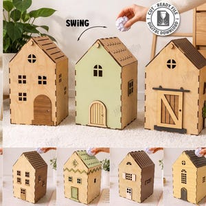 Könnte beinhalten: Eine Sammlung von zehn lasergeschnittenen Holzhäusern mit verschiedenen architektonischen Stilen, darunter Bogentüren, Fenster und strukturierte Dächer. Die digitalen Dateien sind für Materialstärken von 3mm und 6mm geeignet.