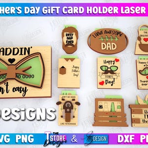 Pacote de porta-cartões de presente para o dia dos pais cortado a laser, porta-cartões de presente 3D cortado a laser, porta-cartões de bigode, feliz dia dos pais svg, citações de pai svg
