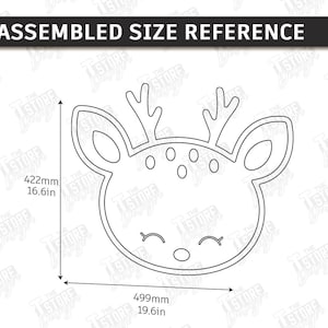 May include: A black and white line drawing of a deer head with antlers, eyes closed, and a small nose. The assembled size is 16.6 inches high and 19.6 inches wide. Text at the top reads "ASSEMBLED SIZE REFERENCE".