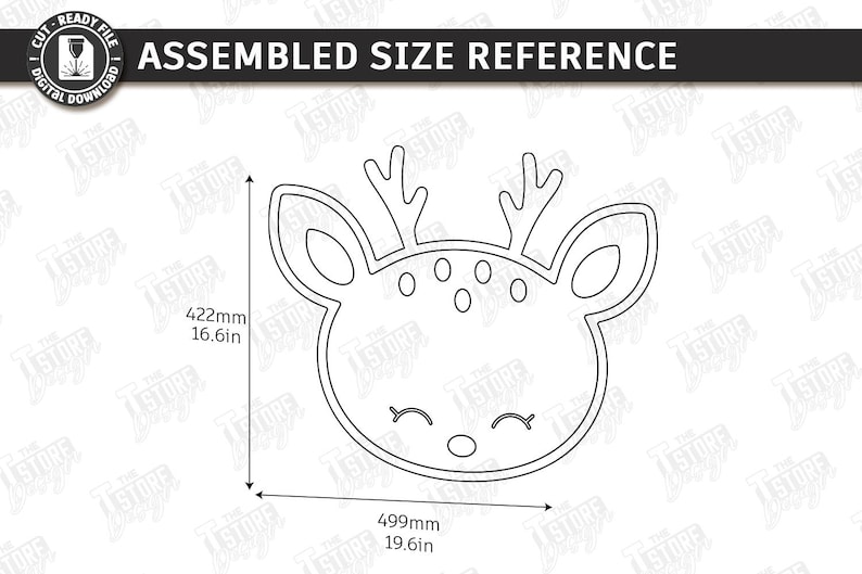 May include: A black and white line drawing of a deer head with antlers, eyes closed, and a small nose. The assembled size is 16.6 inches high and 19.6 inches wide. Text at the top reads "ASSEMBLED SIZE REFERENCE".