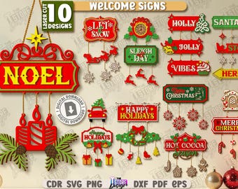 3d Christmas welcome signs laser cut bundle, vintage hanging layered sign svg, Christmas quotes svg, Xmas wall decor, Christmas door hanger