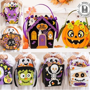 Puede incluir: Una colección de diez cestas de dulces para Halloween con diseños como un caldero de bruja, casa encantada, calabaza, araña, monstruo, Frankenstein, esqueleto y momia, con formatos de archivo digital y un grosor de material de 3mm.