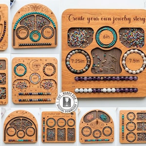May include: Wooden jewelry organizer designs with various compartments for beads and bracelets. Each design features circular spaces labeled with sizes like 6in and 7.25in, and includes text like "Create your own jewelry story."