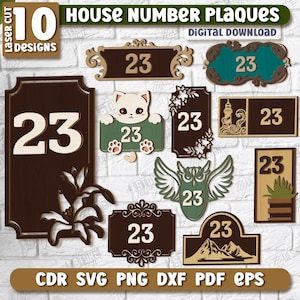 Könnte beinhalten: Zehn digitale Download-Designs für lasergeschnittene Hausnummernschilder. Die Designs umfassen verschiedene Stile, darunter eine Katze, eine Eule und florale Motive. Jedes Schild zeigt die Nummer "23".