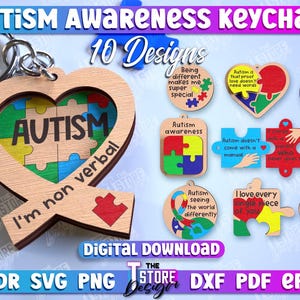 Puede incluir: Un conjunto de 10 diseños de descarga digital para llaveros de concienciación sobre el autismo. Los diseños presentan piezas de rompecabezas, cintas y texto como "Autismo", "No soy verbal", "Conciencia del autismo", "El autismo es la prueba de que el amor no necesita palabras", "Superpoder", "El autismo no viene con un manual", "Siempre único, interesante, a veces misterioso, totalmente", "El autismo ve el mundo de manera diferente", "Amo cada pedazo de ti", y "Lo que no entiendes, lo juzgas".