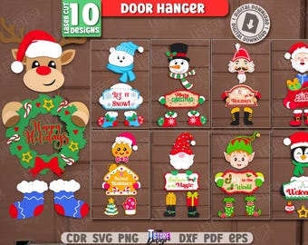 3d Christmas door hanger laser cut bundle, Xmas welcome sign svg, elf wall decor, Christmas characters wall art, Christmas hanging sign svg