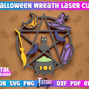 3D Halloween-krans lasergesneden, Happy Halloween-bord, 3D Halloween-decoratiekrans, Halloween-krans digitaal snijbestand, kunst aan de muur, mystiek