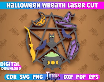 3D Halloween Wreath Laser Cut, Happy Halloween sign, 3D Halloween Decoration Wreath, Halloween Wreath Digital Cut File, Wall Art, Mystical