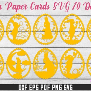 May include: Ten digital designs of Easter paper cards featuring bunnies, eggs, and floral elements. The designs are in a yellow oval shape with a white background. The text "Easter Paper Cards SVG 10 Designs" is at the top of the image. The text "DXF EPS PDF PNG SVG" is at the bottom of the image.