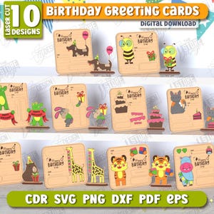 Houten verjaardagskaarten lasergesneden bundel, pop-upkaarten verjaardag, Happy Birthday-wenskaart svg, gepersonaliseerde kaart svg, 3D-puzzel