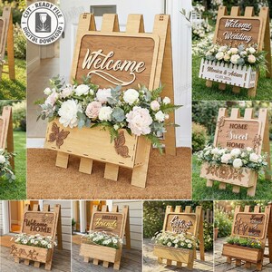 May include: A collection of wooden welcome signs with flower boxes. The signs feature various phrases like "Welcome Garden," "Welcome Wedding," and "Home Sweet Home." Each sign is adorned with flowers and decorative elements, perfect for outdoor decor.
