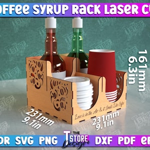 May include: A laser cut wooden rack for holding coffee syrup bottles and cups. The rack is 9.1 inches wide and 6.3 inches tall. It has a decorative design with the text "Love is in the air & it smells like coffee".