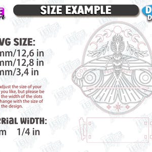 May include: Digital download design featuring a moth with intricate details, measuring approximately 12.6 inches wide, 12.8 inches high, and 3.4 inches deep. The material width is 1/4 inch. The design includes text: "SIZE EXAMPLE" and "DIGITAL DOWNLOAD".