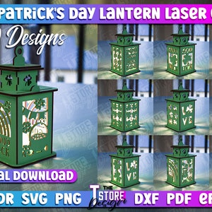 May include: Ten St. Patrick's Day lantern designs for laser cutting. The lanterns are green and feature various Irish themes, including shamrocks, rainbows, and the phrase "Good Luck".
