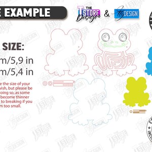 May include: Digital design featuring frog illustrations in various colors and styles. Includes a green frog with a maze design, a blue frog, and a yellow frog. The average size is 5.9 inches by 5.4 inches.