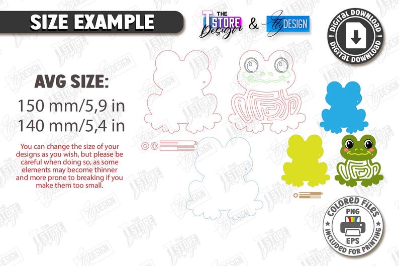 May include: Digital design featuring frog illustrations in various colors and styles. Includes a green frog with a maze design, a blue frog, and a yellow frog. The average size is 5.9 inches by 5.4 inches.