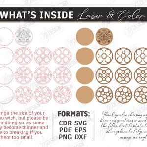 May include: Digital design elements for laser cutting, featuring various circular designs in outline and solid forms. Includes text "WHAT'S INSIDE Laser & Color" and file format information. Colored files included.