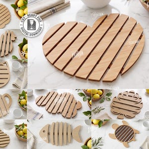 May include: A collection of ten laser-cut wooden trivet designs featuring various shapes including a heart, apple, chicken, cat, teapot, cloud, leaf, pear, fish, and turtle. The digital files are provided in CDR, SVG, PNG, DXF, PDF, and EPS formats.
