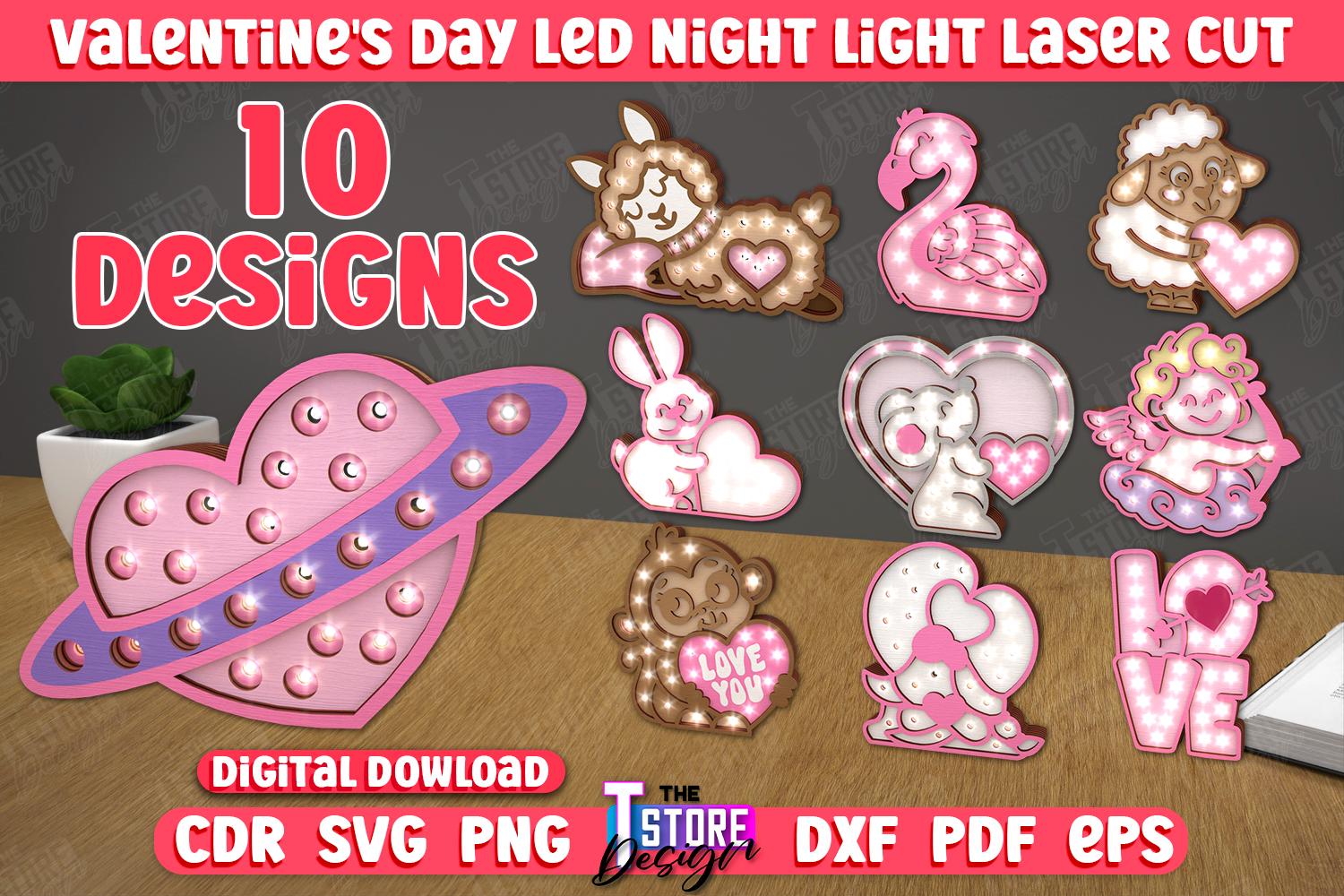 Valentines Day Kids Wooden Led Night Light Bundle, 3D Animals Led