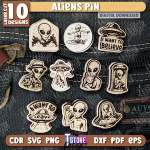 Alien Broschen, Aliens Broschen aus Holz, gravierte Pins, Aliens Broschen aus Holz, I want to believe Schmuck, UFO Holzverzierung, Geschenke für Liebhaber