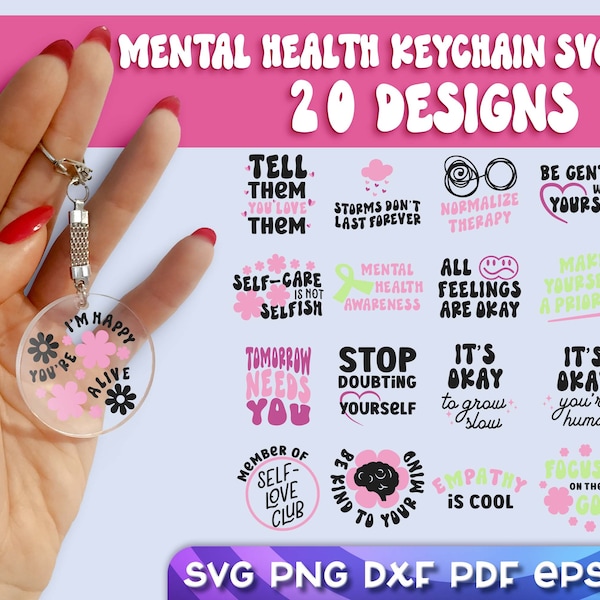 Geestelijke gezondheid Sleutelhanger SVG Bundel | Acryl Sleutelhanger Bundel SVG | Mental Health Awareness Citaten Ontwerp