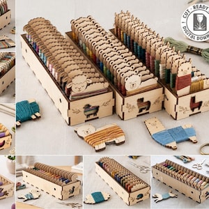 Puede incluir: Cajas de almacenamiento de madera cortadas con láser para hilo de bordar, con bobinas de hilo en forma de animales como ovejas, osos y llamas. El set incluye archivos digitales para 10 diseños, compatibles con un grosor de material de 3mm.