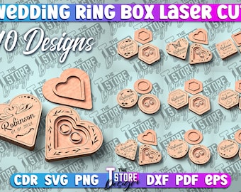 May include: Ten different designs for laser cut wedding ring boxes. The designs include hearts, circles, and hexagons. Some designs feature a swan, leaves, and rings. The text "Robinson 01.01.2024" is included on some of the designs.