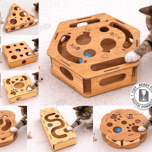 Puede incluir: Una colección de diez diseños de juguetes para gatos de madera cortados con láser. Los juguetes presentan varias formas, incluyendo cajas y diseños circulares, con patrones recortados y agujeros para el juego interactivo. La imagen incluye el texto "Laser Cut 10 Designs" y "Cut Ready File Digital Download".