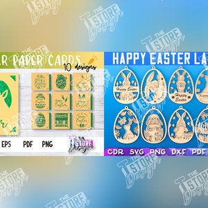 May include: A digital download of 10 Easter-themed paper card designs and 10 laser cut designs featuring bunnies, eggs, and the text "Happy Easter".