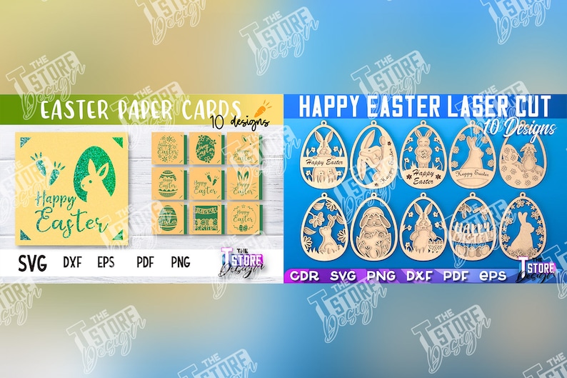 May include: A digital download of 10 Easter-themed paper card designs and 10 laser cut designs featuring bunnies, eggs, and the text "Happy Easter".