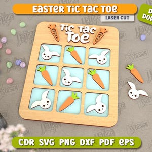 May include: A wooden tic-tac-toe game with an Easter theme. The game board is decorated with bunnies and carrots. The text "Tic Tac Toe" is printed on the board. The game is laser cut and comes as a digital download.