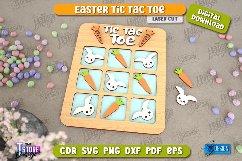 May include: A wooden tic-tac-toe game with an Easter theme. The game board is decorated with bunnies and carrots. The text "Tic Tac Toe" is printed on the board. The game is laser cut and comes as a digital download.