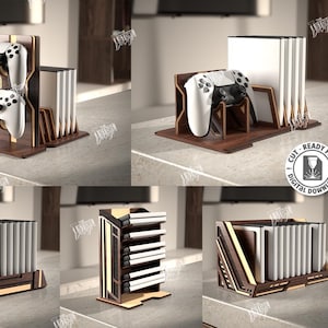 May include: A laser-cut wooden gaming organizer stand with slots for game cases and controller mounts. The design features dark brown and light wood accents, with a material width of 3mm. Includes text labels for 5 designs, cut ready file, and digital download formats like CDR, SVG, PNG, DXF, PDF, and EPS.