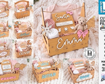 Baby-Weihnachtsgeschenkbox (SVG) – Lasergeschnittene, personalisierte Baby-Erinnerungsbox – Erste-Weihnachts-Geschenkbox vom Weihnachtsmann – Geschenkkorb für Neugeborene (SVG)
