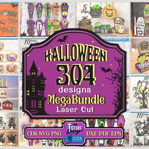 May include: A collage of Halloween-themed laser cut designs. The central image features a purple sign with the text "HALLOWEEN 304 designs MegaBundle Laser Cut." Surrounding images include pumpkins, coffins, and spooky silhouettes. The bottom banner reads "CDR SVG PNG DXF PDF EPS."