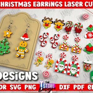 May include: Ten digital designs for laser cut Christmas earrings. The designs include a gingerbread man, a Christmas tree, a candy cane, a Santa hat, a house, a stocking, a reindeer, a gnome, and a Christmas cup. The text "10 DESIGNS" and "CDR SVG PNG DXF PDF EPS" is included in the image.
