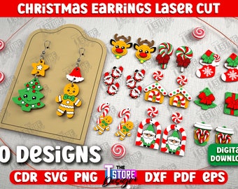 May include: Ten digital designs for laser cut Christmas earrings. The designs include a gingerbread man, a Christmas tree, a candy cane, a Santa hat, a house, a stocking, a reindeer, a gnome, and a Christmas cup. The text "10 DESIGNS" and "CDR SVG PNG DXF PDF EPS" is included in the image.