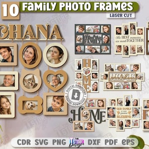 May include: A collection of 10 laser-cut family photo frames in various shapes and sizes. The frames are made of light-colored wood and include the word "CHANA" and the word "FAMILY". Some frames are shaped like hearts, cats, and houses. The image also includes the text "The BEST memories are made TOGETHER".