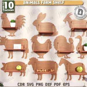 3d decorative farm animals shelves laser cut bundle, farmhouse shelf svg, wall bookshelf, wall rack svg, plant shelf svg, shelf for kids svg