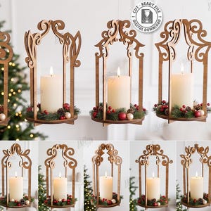May include: Ten laser-cut wooden lantern designs for digital download. Each lantern features an ornate, scrollwork frame holding a white pillar candle surrounded by pine needles, red berries, and small ornaments. Text includes 3MM material width.